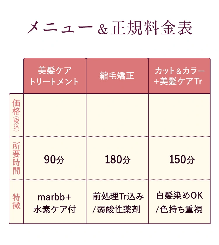 メニュー & 正規料金表